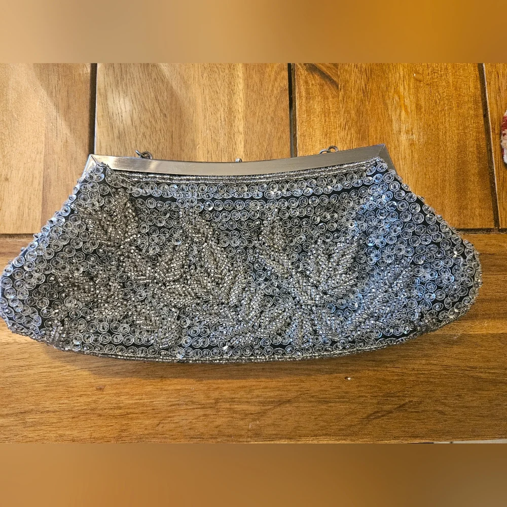 Kate Landry Silver Beaded Evening Bag with Chain Strap - Picture 2 of 9